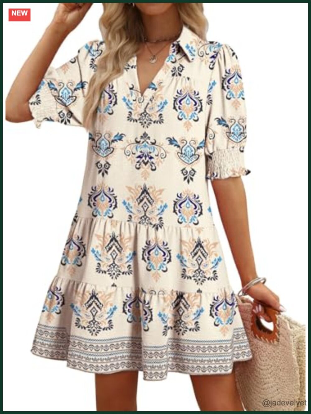 Lapel V Neck 3/4 Sleeve Pleated A-Line Midi Dress Summer Casual